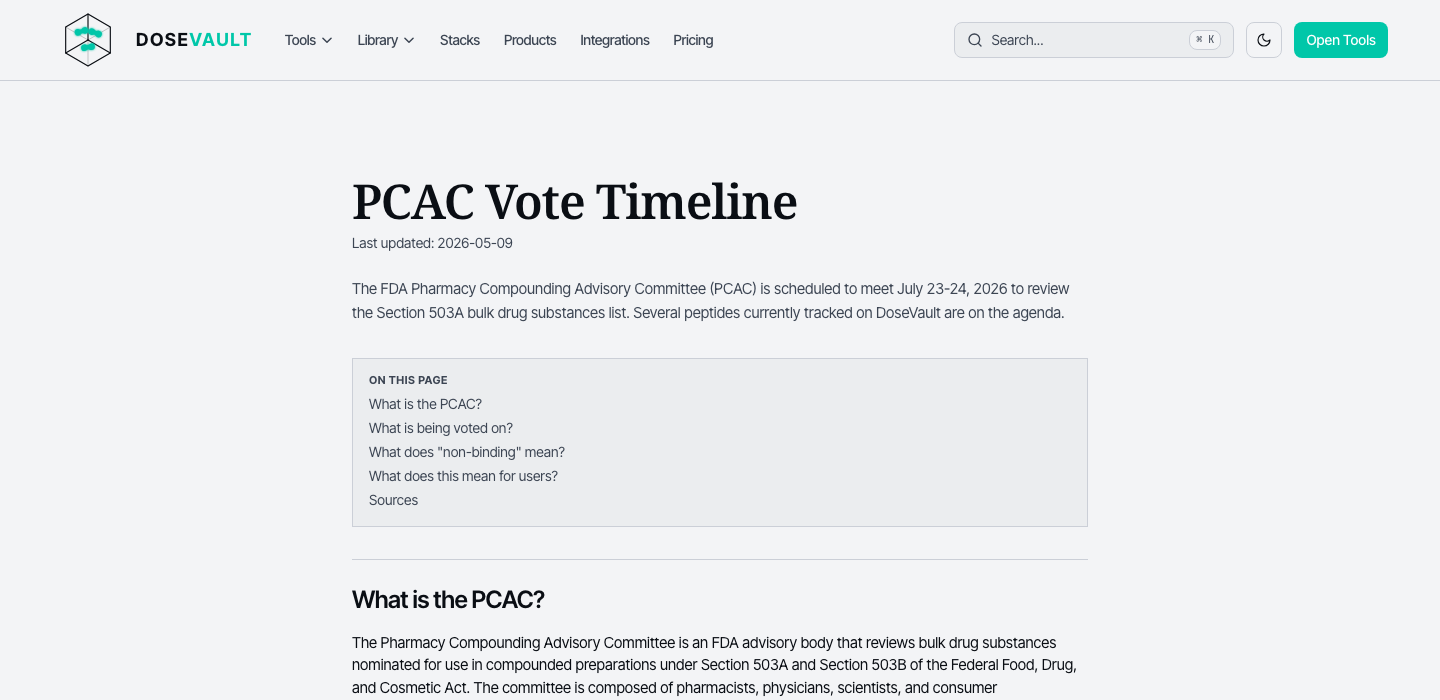 PCAC timeline page showing regulatory history