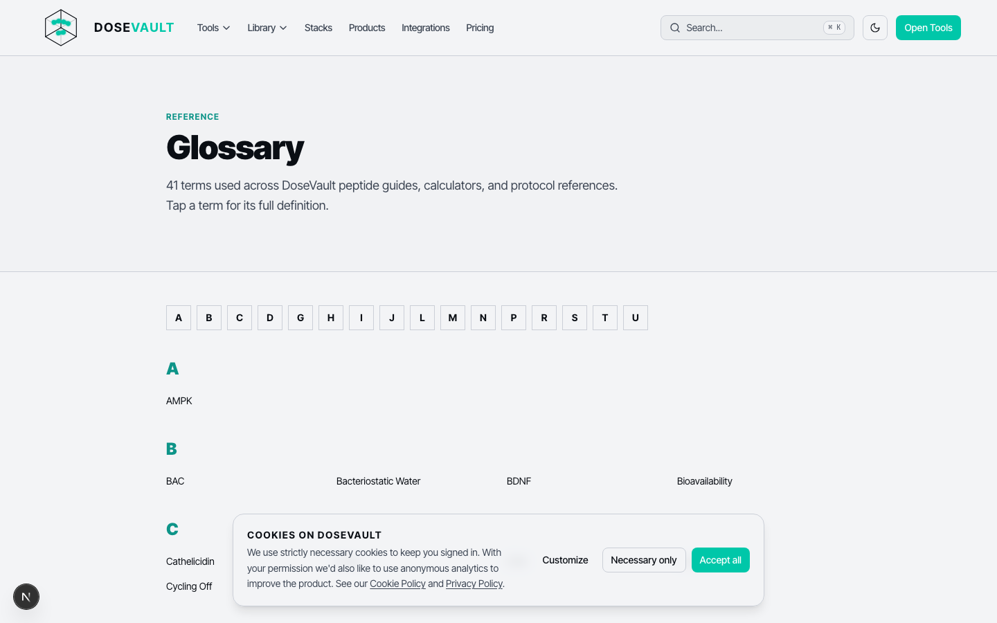 Glossary index page with A-Z navigation
