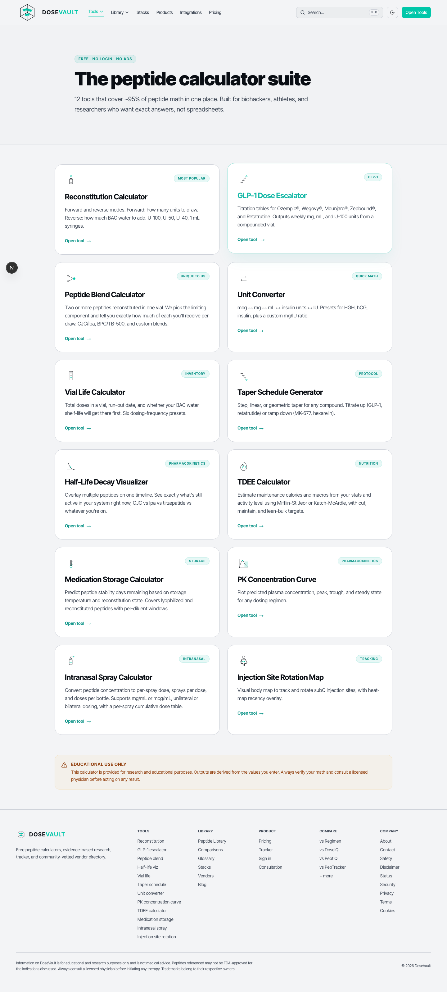 Tools index page showing all 12 calculators