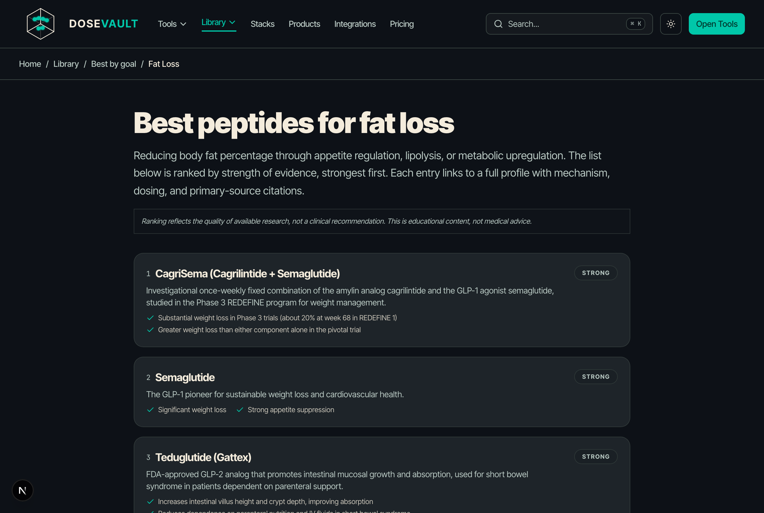 Best peptides for fat loss ranked guide, strongest evidence first, each entry linking to a full profile with citations