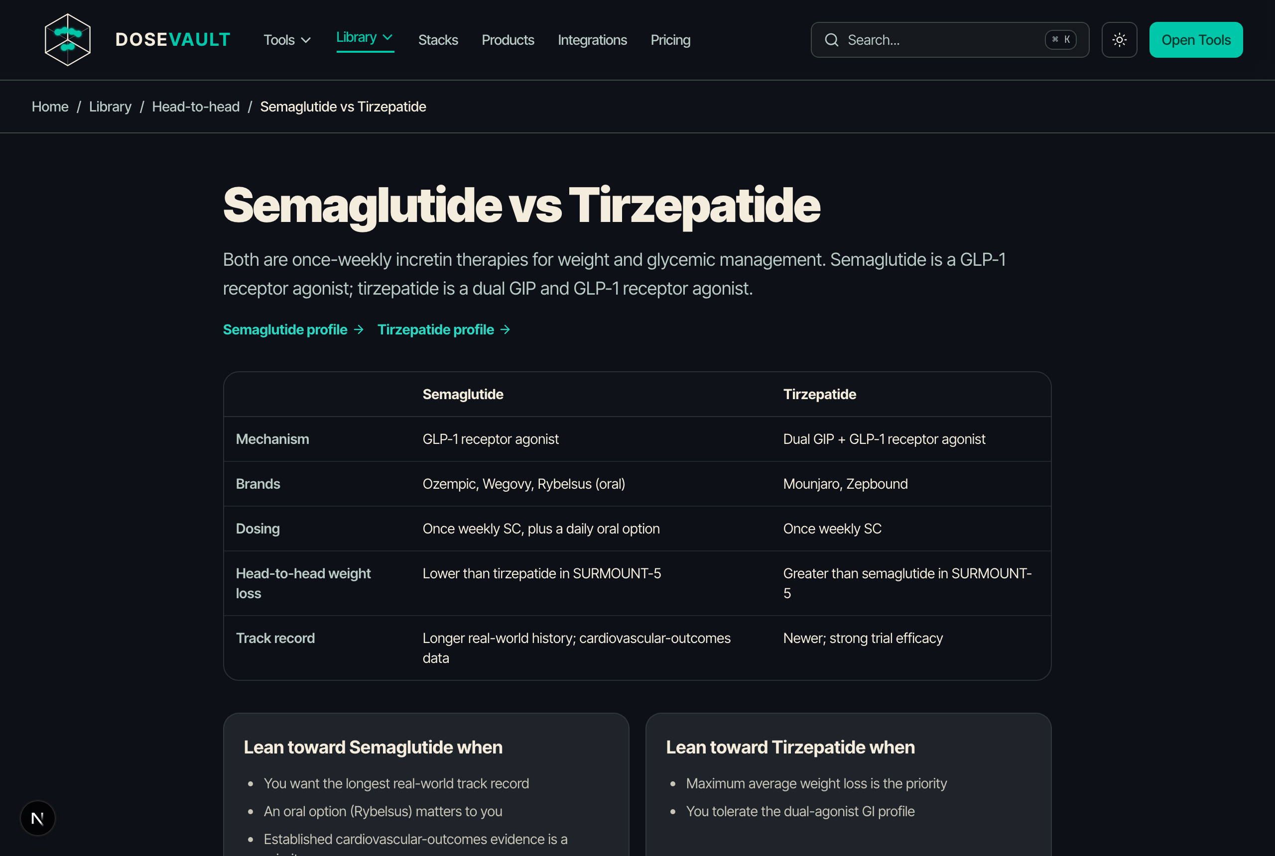 Head-to-head comparison of Semaglutide versus Tirzepatide with a side-by-side table and lean-toward guidance